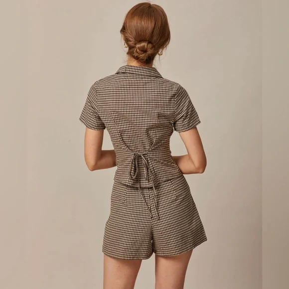 NWT RIHOAS Lapel Plaid Short Sleeve Blouse - Picture 3 of 7